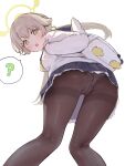  1girl :o ? absurdres ass backpack bag black_skirt blue_archive blush brown_hair brown_pantyhose crotch_seam feet_out_of_frame from_behind from_below halo hifumi_(blue_archive) highres kneepits long_hair long_sleeves looking_at_viewer looking_back looking_down low_twintails miniskirt open_mouth pantyhose pleated_skirt ryh4 school_uniform serafuku shirt simple_background skirt solo speech_bubble spoken_question_mark standing thighband_pantyhose twintails upskirt white_background white_shirt yellow_eyes 