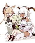  3girls absurdres aged_down animal_ear_fluff animal_ears arknights bare_shoulders beeswax_(arknights) beeswax_(weisser_sand)_(arknights) blush cardigan_(arknights) cardigan_(sunny_day)_(arknights) cat_ears cat_girl commission dark-skinned_female dark_skin dog_ears dog_girl dress fang goat_ears goat_girl goat_horns gold_horns green_dress green_eyes green_hair hair_between_eyes hands_on_own_knees highres holding horns kal&#039;tsit_(arknights) kinbakuman long_hair multicolored_hair multiple_girls off_shoulder open_mouth purple_eyes simple_background sitting sitting_on_lap sitting_on_person skeb_commission smile streaked_hair white_background white_dress white_hair white_sleeves yellow_collar yellow_eyes 