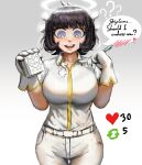  1girl :d ? absurdres azazel_(helltaker) belt black_hair blue_eyes blunt_bangs blush bob_cut breasts bright_pupils collared_shirt commentary cowboy_shot cross embarrassed english_commentary excited gloves gradient_background grey_background hair_ribbon hairband halo hands_up heart helltaker highres holding holding_notebook holding_pen khester824 large_breasts left-handed like_and_retweet looking_at_viewer looking_down meme nervous nose_blush notebook open_mouth pants pen raised_eyebrows ribbon shirt short_hair short_sleeves showing sidelocks simple_background smile solo speech_bubble spoken_blush standing sweat sweating_profusely teeth thigh_gap twitter_strip_game_(meme) twitter_username upper_teeth_only w_arms white_belt white_gloves white_hairband white_pants white_pupils white_ribbon white_shirt 