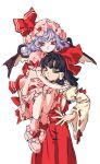  2girls :&gt; absurdres bare_arms bat_wings blue_hair bow brown_eyes brown_hair carrying_over_shoulder closed_mouth commentary_request cowboy_shot detached_sleeves dot_nose dress embodiment_of_scarlet_devil fingernails footwear_bow full_body glaring hakama hakurei_reimu half-closed_eyes hand_on_another&#039;s_shoulder hand_on_own_hip hat highres japanese_clothes legs_together long_sleeves looking_at_viewer mob_cap multiple_girls nail_polish ndasuzu_(n64qd11) open_mouth pink_dress puffy_short_sleeves puffy_sleeves red_bow red_eyes red_hakama red_nails red_skirt red_vest remilia_scarlet ribbon-trimmed_sleeves ribbon_trim short_hair short_sleeves simple_background skirt skirt_set slit_pupils standing touhou vest white_background wide_sleeves wings 