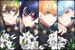  4boys absurdres black_hair blonde_hair blue_eyes blue_hair closed_mouth column_lineup earrings faust_lavinia flower glasses heathcliff_blanchett highres jewelry kusano-mlgg light_blue_hair looking_at_viewer mahoutsukai_no_yakusoku male_focus mole mole_under_eye multiple_boys nero_turner orange_eyes parted_lips purple_eyes red_eyes shino_sherwood short_hair teeth white_flower 