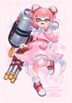  1girl artist_name blush bow bowtie commentary commission dot_nose dress frills gatling_gun gun highres holding holding_gun holding_weapon hydra_splatling_(splatoon) inkling inkling_girl jinkobanana looking_at_viewer medium_hair open_mouth pink_background pink_dress pink_eyes pink_footwear pink_hair red_bow red_bowtie sample_watermark shoes simple_background solo splatoon_(series) symbol-only_commentary two_side_up watermark weapon white_bow white_bowtie 