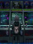  1girl animal_bag arcade arcade_cabinet arcade_stick black_jacket black_thighhighs brown_hair brown_skirt cat_bag chair commentary controller copyright_name danganronpa_(series) danganronpa_2:_goodbye_despair enoshima_junko facing_away from_behind game_controller game_over geruidoshifa hinata_hajime jacket joystick komaeda_nagito kuzuryu_fuyuhiko medium_hair mioda_ibuki nanami_chiaki pink_bag playing_games shoes sitting skirt solo thighhighs tsumiki_mikan twintails usami_(danganronpa) 