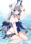  1girl amane_kanata arm_up bare_arms bare_shoulders barefoot between_legs bikini black_bikini blue_eyes blue_hair closed_mouth colored_inner_hair double_bun feathered_wings flat_chest gradient_hair grey_hair hair_bun hand_between_legs highres hololive long_hair looking_at_viewer multicolored_hair shoulder_tattoo sitting skindentation solo string_bikini swimsuit tattoo thighs very_long_hair virtual_youtuber wariza water wet wings wristband yon_(letter) 
