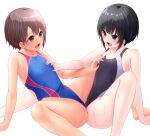  2girls black_hair black_one-piece_swimsuit blue_one-piece_swimsuit brown_hair competition_swimsuit flat_chest highleg highleg_swimsuit idolmaster idolmaster_cinderella_girls multiple_girls one-piece_swimsuit open_mouth otokura_yuuki pale_skin shirayuki_chiyo short_hair simple_background spread_legs swimsuit tribadism two-tone_swimsuit white_background yoyomura yuri 