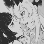  2girls arknights artist_name arturia_(arknights) blunt_bangs blush close-up dragon_girl dragon_horns eblana_(arknights) eye_contact face-to-face fangs forked_tongue from_side greyscale hair_ornament hair_over_one_eye hand_on_another&#039;s_chin highres hime_cut horns imminent_kiss jacket jewelry long_hair looking_at_another monochrome multiple_girls multiple_rings naughty_face open_clothes open_jacket open_mouth portrait profile ring seductive_smile sidelocks sihzari sketch smile teeth tongue tongue_out twitter_username very_long_hair yuri 