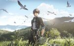  1boy bird black_gloves black_hair black_jacket black_pants cloud cropped_jacket gloves grass grey_shirt jacket jewelry landscape leaf male_rover_(wuthering_waves) mountainous_horizon necklace outdoors pants pouch scenery shirt sky standing sword tassel tree turtleneck weapon wisda wuthering_waves yellow_eyes 
