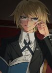  1boy absurdres badge black_jacket blonde_hair blue_eyes book danganronpa:_trigger_happy_havoc danganronpa_(series) dress_shirt grey_eyes grin hand_up highres holding holding_book jacket long_sleeves open_book open_clothes open_jacket parted_lips semi-rimless_eyewear shirt short_hair smile solo teeth togami_byakuya ttegi_(ddeck_dg) white_shirt 