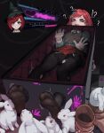  !? 1girl ? absurdres animal black_headwear black_jacket black_pantyhose blush box brown_eyes brown_footwear brown_vest chain checkered_floor danganronpa_(series) danganronpa_v3:_killing_harmony feet foot_focus hat heart highres jacket k-rha&#039;s licking licking_foot long_sleeves looking_at_viewer lying miniskirt multiple_views no_shoes on_back pantyhose pleated_skirt rabbit red_hair red_skirt shoes shoes_removed short_hair skirt solo_focus teeth torn_clothes torn_pantyhose vest witch_hat yumeno_himiko 