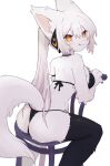  1girl :3 animal_ears ass bikini body_fur breasts chair furry furry_female highres large_breasts licking_lips long_hair orange_hair original pemi_(spommmm) ponytail sitting sitting_backwards solo swimsuit tail thighhighs tongue tongue_out white_background white_hair 