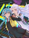  1girl 1other ai_the_somnium_files ai_the_somnium_files:_nirvana_initiative aiba_(ai_the_somnium_files) black_gloves blue_hair braid bright_pupils buttons closed_mouth collared_shirt commentary_request cowboy_shot gloves grey_eyes heterochromia highres holding holding_weapon kanitamago long_hair long_sleeves looking_at_viewer multicolored_hair necktie okiura_mizuki pantyhose partial_commentary red_eyes red_hair red_necktie shirt sleeves_past_elbows smile streaked_hair teeth twin_braids twintails very_long_hair vest weapon white_hair white_pupils yellow_eyes 