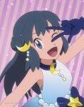  1girl ;d arm_up bare_arms beads black_hair blue_bow blue_dress blue_gloves bow crescent crescent_hair_ornament dawn_(pokemon) dress eyelashes gloves gradient_dress grey_eyes hair_ornament happy long_hair looking_at_viewer mixed-language_commentary noelia_ponce one_eye_closed open_mouth pokemon pokemon_(anime) pokemon_journeys sidelocks sleeveless smile solo star_(symbol) striped striped_background tongue w watermark 