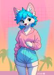  absurd_res anthro azoomer blue_eyes blue_hair breasts canid canine clothed clothing female fully_clothed hair hi_res mammal solo vaporwave white_hair 