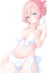  1girl bare_arms bare_shoulders bikini blue_archive blue_eyes blush breasts cleavage closed_mouth collarbone finger_to_mouth front-tie_bikini_top front-tie_top groin hair_between_eyes hair_bun halo hand_up highres looking_at_viewer medium_breasts mimori_(blue_archive) navel pink_hair roido_(taniko-t-1218) shushing side-tie_bikini_bottom simple_background single_side_bun smile solo swimsuit white_background white_bikini 