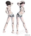  1girl absurdres android armpits black_hair blunt_bangs commentary_request full_body hand_on_hip highres joints leaning_to_the_side legs light_smile looking_at_viewer multiple_views nude original red_eyes robot robot_joints smile sukabu twintails v 