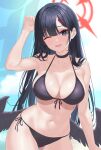  1girl absurdres bikini black_bikini black_choker black_eyes black_hair black_wings blue_archive blush breasts choker collarbone cowboy_shot feathered_wings hair_ornament hairclip halo highres ichika_(blue_archive) large_breasts long_hair looking_at_viewer low_wings navel ni_tamago_sando one_eye_closed open_mouth red_halo revision smile solo swimsuit wings 