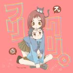  1boy 1girl absurdres artist_name black_cat brown_hair brown_shorts cat closed_mouth dated flcl highres hood hoodie hug hug_from_behind looking_at_another nandaba_naota oregonsan pink_background samejima_mamimi shorts 