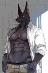  1boy abs animal_ears animal_head anubis_(mythology) bara bare_pectorals black_male_underwear black_skin colored_skin contemporary cowboy_shot dot_pupils dougaku_(passionpit777) egyptian egyptian_mythology furry furry_male hieroglyphics highres jackal_boy jackal_ears jackal_tail large_pectorals looking_ahead male_focus male_pubic_hair male_underwear male_underwear_peek muscular muscular_male navel necklace_between_pecs open_clothes open_shirt pectorals pubic_hair shredded_muscles solo sparse_navel_hair stomach sunglasses underwear veiny_crotch 