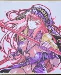  1girl armor breasts cleavage commentary_request fate_(series) groin highres holding large_breasts long_hair looking_at_viewer navel ouma_tokiichi photo_(medium) pink_eyes pink_hair scathach_(fate) shoulder_armor simple_background smile solo traditional_media 