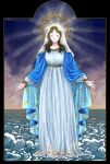  1girl akrn_lumina7 black_hair blue_cape blue_shawl cape christian_mythology christianity dress highres long_hair long_sleeves ocean outdoors saint shawl smile solo star_(symbol) sunset virgin_mary wavy_hair white_dress white_veil 