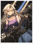  1girl ahoge curtained_hair dress eiyuu_densetsu elbow_gloves electric_guitar fender_jazzmaster fie_claussell gloves guitar hair_between_eyes highres instrument long_hair riwancece_428 sen_no_kiseki single_elbow_glove single_glove solo sparkle spotlight white_hair yellow_eyes 