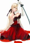  1girl absurdres armpits bare_shoulders black_pantyhose black_ribbon blonde_hair blood breasts cleavage closed_mouth commentary dress elbow_gloves expressionless feather-trimmed_dress gloves hair_between_eyes hair_ribbon highres holding holding_sword holding_weapon katana kiss-shot_acerola-orion_heart-under-blade kneeling large_breasts lips long_bangs long_hair looking_at_viewer monogatari_(series) oshino_shinobu pantyhose pointy_ears puddle puddle_of_blood red_dress reverse_grip ribbon ringed_eyes simple_background sleeveless sleeveless_dress solo spread_legs strapless strapless_dress sword takamiya2222 two-handed vampire very_long_hair weapon white_gloves yellow_eyes 