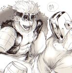  2boys abs alcohol ame_ekai bara beer eustass_kid facial_hair facial_hair_through_mask feet_out_of_frame goatee goggles goggles_on_head greyscale head_tilt highres hockey_mask jacket killer_(one_piece) large_pectorals long_hair looking_at_viewer male_focus mask monochrome multiple_boys muscular muscular_male one_piece open_clothes open_jacket pectoral_cleavage pectorals shirt sitting smug t-shirt tongue tongue_out translation_request wavy_hair yaoi 