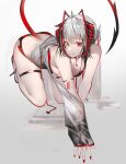  1girl absurdres ahoge all_fours antennae arknights bikini breasts choker demon_horns demon_tail grey_hair highres horns long_sleeves looking_at_viewer mackia red_bikini red_choker red_eyes red_nails short_hair simple_background small_breasts smile solo swimsuit tail thigh_strap w_(arknights) white_background 