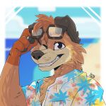  black_eyes brown_body brown_fur busker_(bluey) canid canine canis collared_shirt domestic_dog eyewear eyewear_on_head floppy_ears fur glasses glasses_on_head hi_res joff_bush male mammal skyfox911 smile solo 