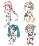  4girls :p bikini black_bikini blue_hair blush breasts brown_headwear chibi cleavage floral_print gotland_(kancolle) green_hair hat heart highres holding holding_water_gun isuzu_(kancolle) kantai_collection kneeling large_breasts long_hair medium_breasts multiple_girls open_mouth parfait pink_hair poipoi_purin ponytail sarong shirt shorts simple_background sitting small_breasts smile swimsuit tongue tongue_out twintails very_long_hair water_gun white_background white_bikini white_shirt white_shorts yura_(kancolle) yuubari_(kancolle) 