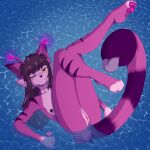  3_toes absurd_res alien antennae_(anatomy) anthro bashful bath bathing blep breasts cel_shading embarrassed feet felid feline female flexible genitals hair hi_res hot_spring hybrid long_hair looking_at_viewer mammal nipples nude one_eye_closed pawpads paws pink_body purple_hair pussy shaded shy small_breasts softpaws_6 solo solo_focus striped_body stripes tail tail_mouth toes tongue tongue_out unusual_anatomy unusual_tail water wink winking_at_viewer yellow_eyes 