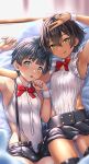  2boys :p aqua_eyes arm_up armpits ass_visible_through_thighs bare_arms bare_shoulders bed black_hair black_shorts black_skirt black_thighhighs blue_hair blunt_bangs blush bow bowtie bulge collared_leotard commentary_request cowboy_shot d: dark-skinned_male dark_blue_hair dark_skin double-parted_bangs frilled_leotard frills green_eyes hair_between_eyes hand_on_own_head hand_to_own_mouth hand_up highleg highleg_leotard highres kobamiso_(kobalt) leotard licking_lips lips looking_at_viewer lying male_focus micro_shorts microskirt multiple_boys on_back open_clothes open_fly open_shorts original otoko_no_ko pleated_skirt red_bow red_bowtie ribbed_leotard shiny_clothes short_hair shorts side-by-side skirt suspender_shorts suspenders tareme thighhighs tongue tongue_out v white_leotard wrist_cuffs 