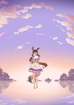  1girl admire_vega_(umamusume) animal_ears barefoot bow bowtie brown_hair closed_eyes cloud facing_viewer floating highres horizon horse_ears horse_girl horse_tail kanpachi_(ill_knpch) long_hair low_ponytail open_mouth outdoors own_hands_together petticoat purple_shirt reflection ripples sailor_collar school_uniform shirt shooting_star short_sleeves skirt smile solo sunset tail tracen_school_uniform umamusume water white_skirt 