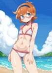  1girl alternate_costume beach bikini blue_eyes blue_hairband blue_sky breasts cloud day domdom glasses hairband little_witch_academia lotte_jansson making-of_available navel ocean orange_hair outdoors sand short_hair sky small_breasts solo swimsuit water white_bikini 