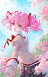  flower hei_yu highres holding_hands kaname_madoka looking_at_viewer mahou_shoujo_madoka_magica pink_eyes pink_hair red_ribbon ribbon rose skirt smile 