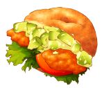  avocado bagel chicken_(food) commentary_request food food_focus haboban lettuce no_humans original sandwich simple_background still_life tartar_sauce white_background 