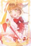  1girl :d absurdres blush bow bowtie brown_hair cardcaptor_sakura copyright_name dress frills fuuin_no_tsue gloves green_eyes hat highres holding holding_staff kinomoto_sakura kirari_0810 looking_at_viewer magical_girl open_mouth pink_headwear puffy_short_sleeves puffy_sleeves red_bow red_bowtie red_dress ribbon shirt short_hair short_sleeves simple_background smile solo staff star_(symbol) white_background white_gloves white_wings wings 