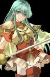  1girl absurdres armor black_background blue_eyes blue_hair boots breastplate brown_skirt earrings eirika_(fire_emblem) fire_emblem fire_emblem:_the_sacred_stones frown hair_behind_ear head_tilt highres holding holding_sword holding_weapon jewelry long_hair omlililimo pauldrons rapier red_footwear red_shirt shirt shoulder_armor sidelocks simple_background skirt solo sword thigh_boots v-shaped_eyebrows very_long_hair weapon 