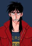  1boy absurdres black_hair black_shirt blue_background clenched_teeth commentary_request crying crying_with_eyes_open fukumoto_nobuyuki_(style) highres itou_kaiji jacket kaiji long_hair looking_at_viewer male_focus medium_bangs official_style open_clothes open_jacket parody pointy_nose red_jacket scar scar_on_cheek scar_on_face shirt sidelocks simple_background solo style_parody tears teeth upper_body usarinko white_eyes 