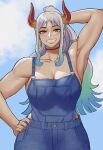  1girl alternate_costume artist_name bare_shoulders blue_sky breasts cloud cloudy_sky earrings gradient_hair gradient_horns gud0c highres horns jewelry large_breasts long_hair looking_at_viewer multicolored_hair multicolored_horns muscular muscular_female one_piece orange_eyes overalls sidelocks sky smile solo white_hair yamato_(one_piece) 