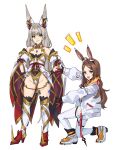  2girls ahoge animal_ear_fluff animal_ears black_gloves boots breasts brown_eyes brown_hair character_request closed_mouth commentary english_commentary gloves grey_hair groin half_gloves hands_on_own_hips highres jacket kamu_(kamuuei) leotard long_hair long_sleeves multiple_girls nia_(xenoblade) notice_lines on_one_knee open_clothes open_jacket orange_footwear outstretched_arms parted_bangs puffy_long_sleeves puffy_sleeves rabbit_ears shoes simple_background small_breasts smile thigh_boots thighhighs v-shaped_eyebrows very_long_hair white_background white_footwear white_gloves white_jacket white_leotard white_thighhighs xenoblade_chronicles_(series) xenoblade_chronicles_2 
