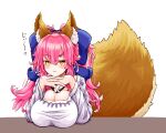  1girl animal_ear_fluff animal_ears apron blue_bow bow breast_rest breasts breasts_on_table cleavage detached_collar fate/extra fate_(series) fox_ears fox_girl fox_tail hair_between_eyes hair_bow highres kappougi large_breasts long_hair looking_at_viewer pink_hair solo split_ponytail tail tamamo_(fate) tamamo_no_mae_(fate/extra) user_wsvu7853 yellow_eyes 