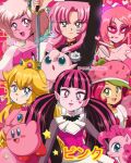  1990s_(style) 6+girls :d black_hair blonde_hair blue_eyes blush_stickers breasts brenni_murasaki cleavage colored_skin crossover crown draculaura earrings heart highres holding holding_sword holding_weapon jewelry jigglypuff kirby kirby_(series) lipstick long_hair looking_at_viewer makeup mario_(series) miss_heed monster_high multicolored_hair multiple_crossover multiple_girls my_little_pony open_mouth pink_diamond_(steven_universe) pink_hair pink_skin pink_theme pinkie_pie pointy_ears pokemon pokemon_(creature) princess_peach red_eyes red_hair retro_artstyle shirt shoujo_kakumei_utena smile steven_universe strawberry_shortcake_(copyright) strawberry_shortcake_(sbsc) striped_hair sword tenjou_utena twintails two-tone_hair villainous weapon white_shirt 