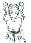  1girl breasts cleavage closed_mouth collarbone dragon_quest dragon_quest_viii dress earrings greyscale jessica_albert jewelry kotoyama long_hair looking_at_viewer monochrome ringed_eyes simple_background solo twintails white_background 