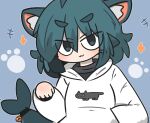  +++ 1girl :3 animal_ear_fluff animal_ears bell blue_background blue_eyes blue_hair blush cat_ears closed_mouth commentary_request fins fish_tail fuka-chan grey_shirt hair_between_eyes hand_up highres hood hood_down hoodie jingle_bell kemonomimi_mode long_sleeves looking_at_viewer original paw_pose puffy_long_sleeves puffy_sleeves shark_tail shirt short_eyebrows solo tail tail_bell tail_ornament thick_eyebrows uni_souchou upper_body v-shaped_eyebrows white_hoodie 