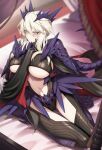  1girl armor artoria_pendragon_(fate) artoria_pendragon_(lancer_alter)_(fate) bed blush bodysuit braid breasts cape cleavage clothing_cutout cluseller commission fate/grand_order fate_(series) french_braid hair_between_eyes horns long_hair looking_at_viewer pauldrons revealing_clothes ribbed_bodysuit shoulder_armor skeb_commission solo underboob yellow_eyes 