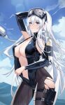  1girl absurdres alternate_costume arm_behind_head armpit_cutout azur_lane blue_sky bodysuit breasts clothing_cutout cloud cloudy_sky diving_suit enterprise_(azur_lane) enterprise_(diving_under_blue_skies)_(azur_lane) flippers goggles goggles_on_head hair_between_eyes highres holding large_breasts long_hair looking_at_viewer official_alternate_costume pantyhose plunging_neckline purple_eyes scuba scuba_tank sky smile solo swimsuit thigh_pouch tns-yoru torn_clothes torn_pantyhose wet wetsuit white_hair 