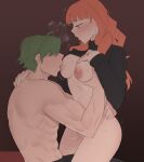  1boy 1girl alm_(fire_emblem) arm_around_waist black_pants black_sweater blush breast_sucking breasts celica_(fire_emblem) clothes_lift dangle_earrings earrings ebinku faceless faceless_male fire_emblem fire_emblem_echoes:_shadows_of_valentia fire_emblem_gaiden grabbing grabbing_another&#039;s_breast green_hair hand_on_another&#039;s_neck hetero highres jewelry large_breasts long_hair long_sleeves nipples panties pants red_eyes red_hair short_hair simple_background sweat sweater sweater_lift underwear white_panties 