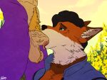  anthro balls canid canine clothing dexel_(dexel) dragon duo farry farrythedragon flower fox fur genitals hair hi_res male male/male mammal oral oral_penetration outside outside_sex penetration penis plant pubes sex sky tongue tongue_out 