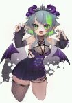  1girl artist_request bare_shoulders belt black_choker black_gloves black_nails black_tiara breasts bsapricot_(vtuber) bsapricot_(vtuber)_(1st_costume) choker claw_pose cleavage cropped_legs cross cross_earrings demon_horns demon_wings detached_wings dress earrings fang fingerless_gloves fishnet_thighhighs fishnets gloves green_eyes green_hair grey_hair highres horns jewelry looking_at_viewer multicolored_hair multiple_horns nail_polish o-ring open_mouth parted_bangs pointy_ears purple_dress purple_horns purple_nails ring short_hair sidelocks single_fishnet_legwear skull smile solo streaked_hair thigh_belt thigh_strap thighhighs virtual_youtuber vshojo white_background wings 